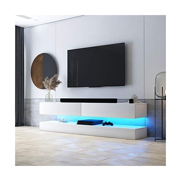 Hylia - Meuble TV Suspendu/Table Basse TV/Banc TV de Salon 140 cm, Blanc Mat/Blanc Brillant avec l’éclairage LED Bleue 
