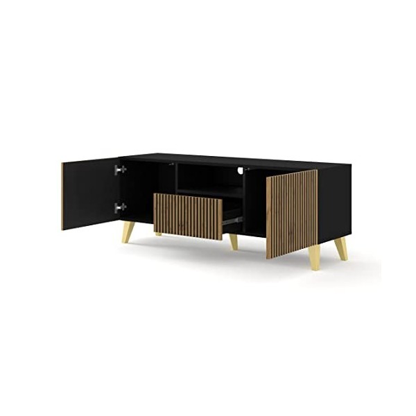 AC-Déco Meuble TV Ravenna avec 2 Portes + 1 Tiroir + 1 Niche en Bois Et Pieds Dorés - Beige Et Noir - L 150 X P 42 X H 56 Cm