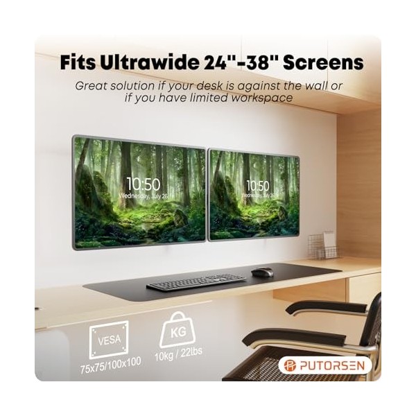PUTORSEN Ultra Wide Double Support Mural Ecran PC de 24 à 38 Pouces jusquà 10KG, Support Mural Double Ecrans, Inclinaison, R