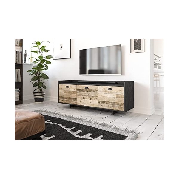 3xEliving Élégant Meuble TV Fulgures, 140 cm matériau Graphite / Vieux Bois