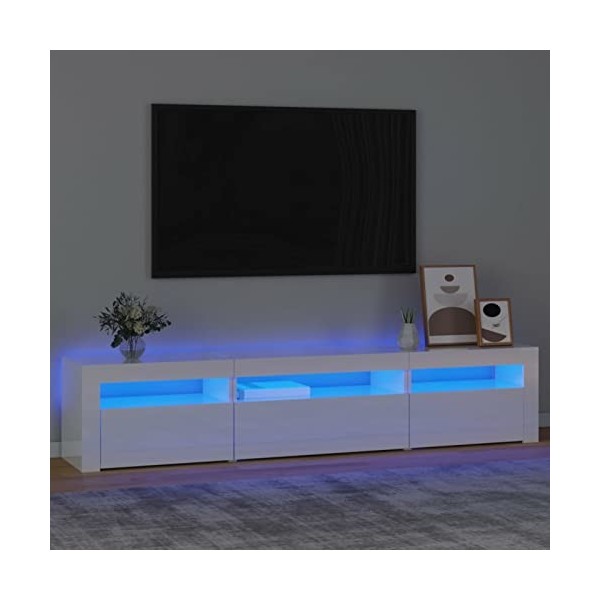 JUNZAI Meuble TV avec lumières LED Blanc Brillant 195x35x40 cm,Meuble TV,Meuble TV Moderne,Meuble de Salon