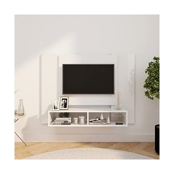 WIFESE Meuble TV Mural Blanc Brillant 120x23,5x90 cm Aggloméré Armoire TV Décoration Intérieure Meuble Tele Espace Commode Ta