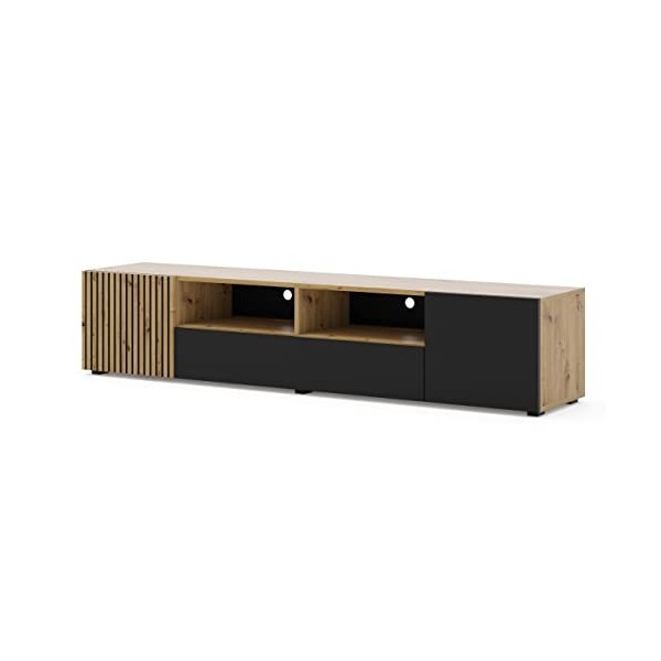 BIM Furniture Meuble TV AURIS 200 cm en panneau MDF avec lamelles avant en bois MDF Noir mat
