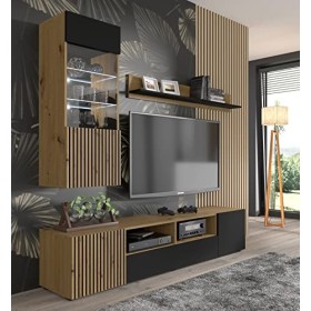 BIM Furniture Meuble TV AURIS 200 cm en panneau MDF avec lamelles avant en bois MDF Noir mat
