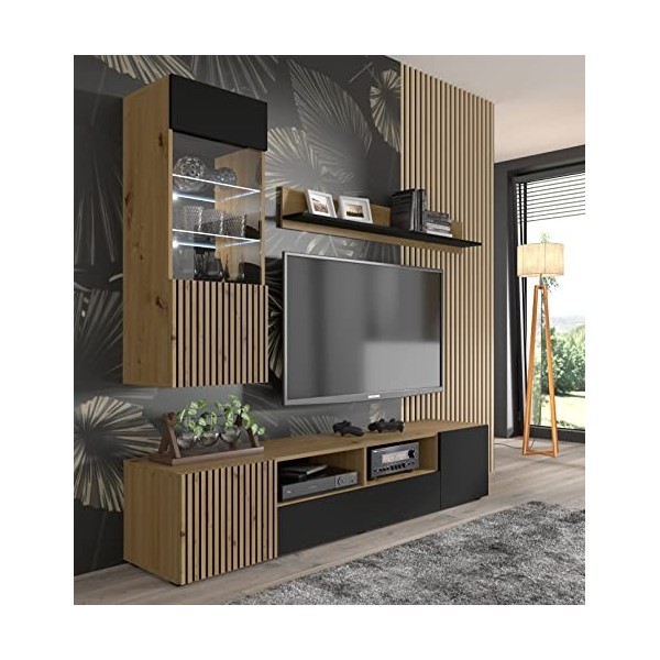 BIM Furniture Meuble TV AURIS 200 cm en panneau MDF avec lamelles avant en bois MDF Noir mat