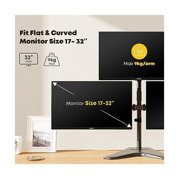 HumanTeck Support Ecran PC 3 Ecran avec Base autoportante pour écran de 17 à 32 Pouces, Bras Articulé écran PC pivotant incli