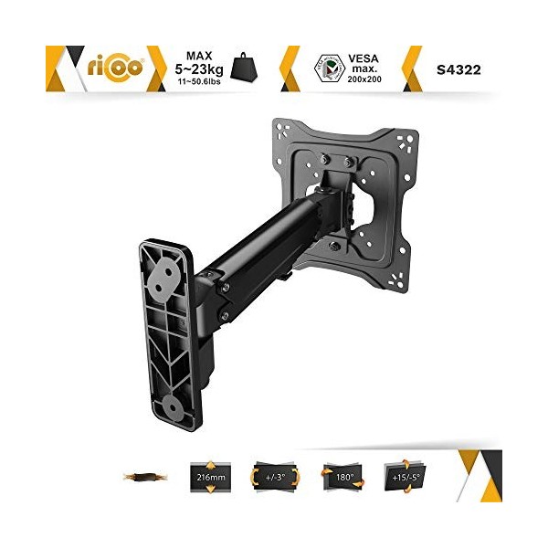 RICOO Support Mural pour Moniteur S4322 orientable inclinable écran PC 23-43" 58-109cm Bras articulé TV LCD LED incurvée VE