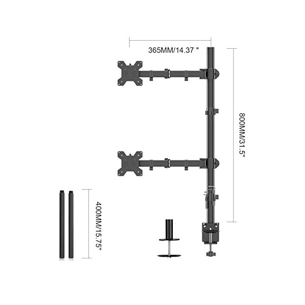 Suptek Soporte Monitor Doble lun sur lautre, 80cm de Haut Bras de Moniteur Réglable, Soporte 2 Monitor pour Ecrans 13-27 Po