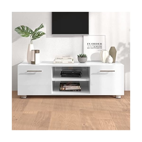 RAUGAJ Centres de divertissement et meuble TV - Meuble TV blanc brillant - 110 x 40 x 35 cm - Bois dingénierie