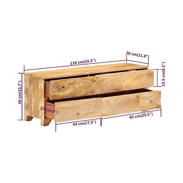 vidaXL Bois Massif de Manguier Meuble TV Salon Mobilier Table TV Armoire TV 110x30x40 cm