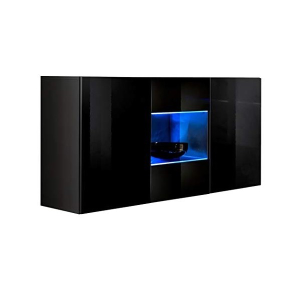 MB Muebles Bonitos | Buffet de Salon Bas 3 Portes 2 étagères vitrine avec LED | 120 x 70 x 40 cm | Couleur Noir Finition Bril