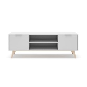 Calicosy - Meuble TV 2 Portes 2 Niches Blanc et Pin Massif Campus - MDF/Pin Massif - pour Salon, Salle à Manger - l40 x L140 