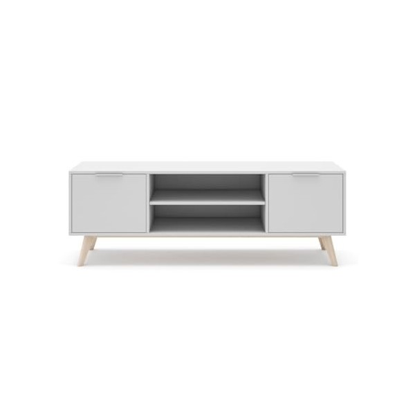 Calicosy - Meuble TV 2 Portes 2 Niches Blanc et Pin Massif Campus - MDF/Pin Massif - pour Salon, Salle à Manger - l40 x L140 