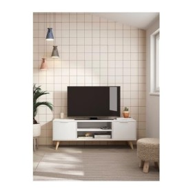 Calicosy - Meuble TV 2 Portes 2 Niches Blanc et Pin Massif Campus - MDF/Pin Massif - pour Salon, Salle à Manger - l40 x L140 