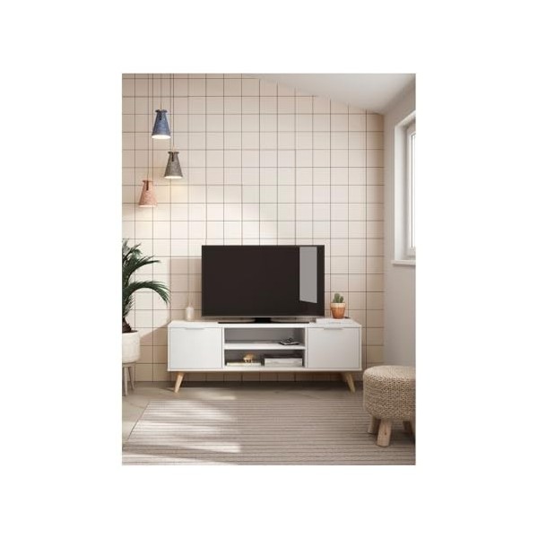 Calicosy - Meuble TV 2 Portes 2 Niches Blanc et Pin Massif Campus - MDF/Pin Massif - pour Salon, Salle à Manger - l40 x L140 