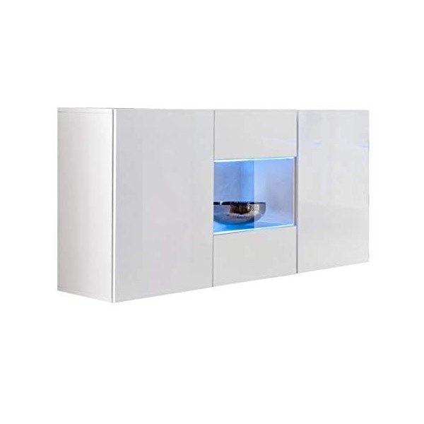 MB Muebles Bonitos | Buffet de Salon Bas 3 Portes 2 étagères vitrine avec LED | 120 x 70 x 40 cm | Couleur Blanc Finition Bri