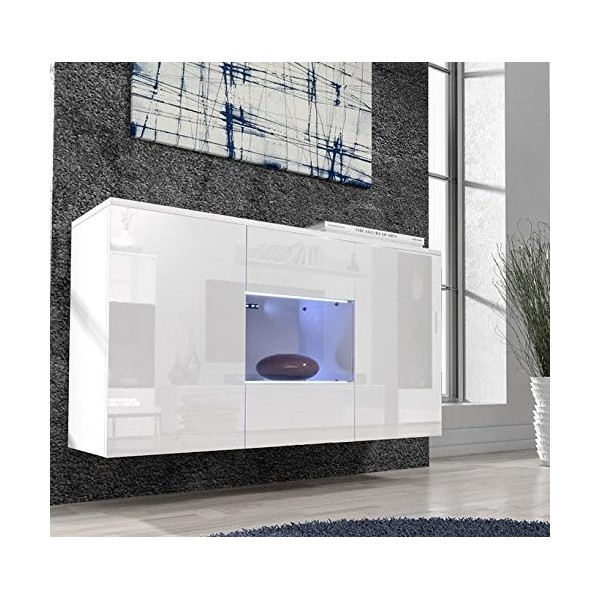 MB Muebles Bonitos | Buffet de Salon Bas 3 Portes 2 étagères vitrine avec LED | 120 x 70 x 40 cm | Couleur Blanc Finition Bri