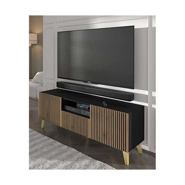 Homlando Meuble TV bas Ravenna F 150 cm 2D1S - Meuble TV moderne - Meuble TV - Buffet pour la chambre ou le salon - Noir mat/