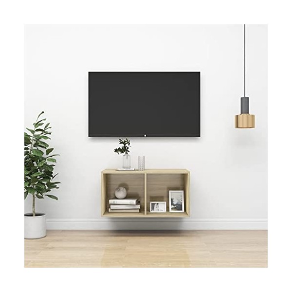 Meuble TV Suspendu | Style Contemporain | Rangement matériel télé Audio Video Gaming | 37x37x72cm chêne Sonoma
