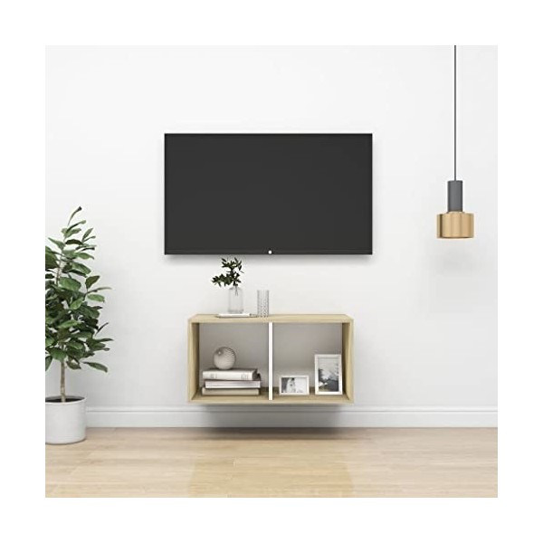 Meuble TV Suspendu | Style Contemporain | Rangement matériel télé Audio Video Gaming | 37x37x72cm chêne Sonoma et Blanc