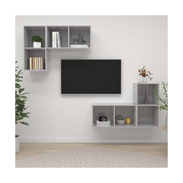 Table Télévision Basse, Simplicité et Élégance Meubles Muraux pour TV 4 pièces Gris Meuble TV Salon avec Grand Stockage