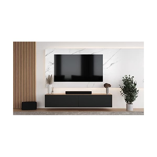 Planetmöbel TV Board 200 cm Or chêne/Anthracite, Armoire TV avec 2 abattants comme Espace de Rangement, lowboard Suspendu ou 