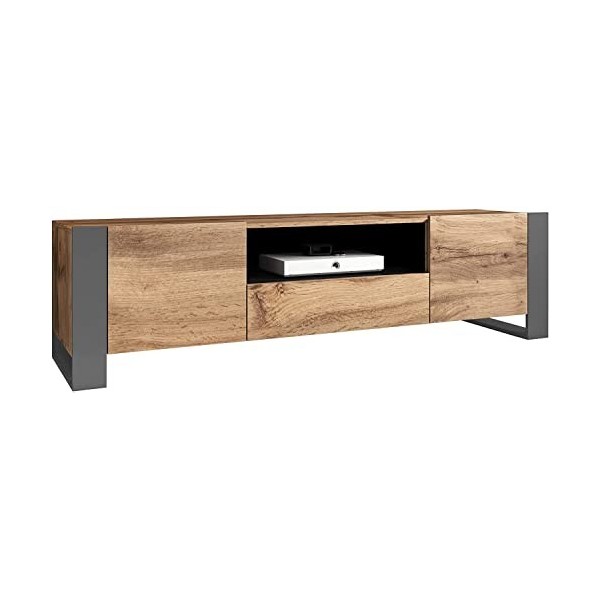 WODD Meuble TV Bas en chêne Anthracite et Pieds Gris 180 cm. Style Industriel