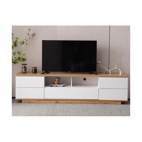 SogesHome Meuble TV 180 cm - Meuble TV moderne avec 8 espaces de rangement - 5 portes - Avec grain de bois - 180 x 38 x 46 cm