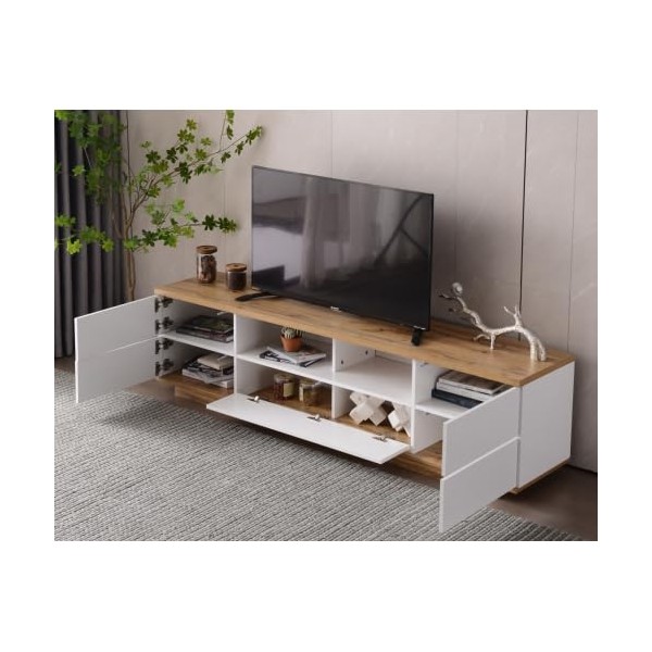 SogesHome Meuble TV 180 cm - Meuble TV moderne avec 8 espaces de rangement - 5 portes - Avec grain de bois - 180 x 38 x 46 cm