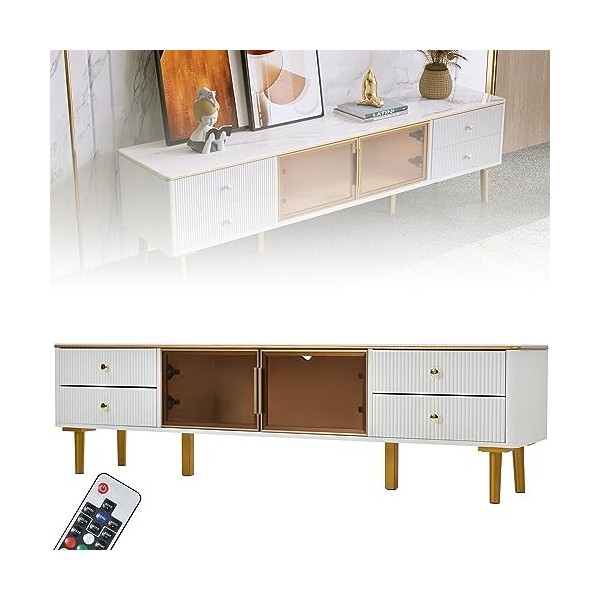 kubeier Meuble TV, Meuble TV Style Contemporain, Meuble TV Effet Marbre, 4 Tiroirs Texturés avec Poignées Dorées et Deux Port