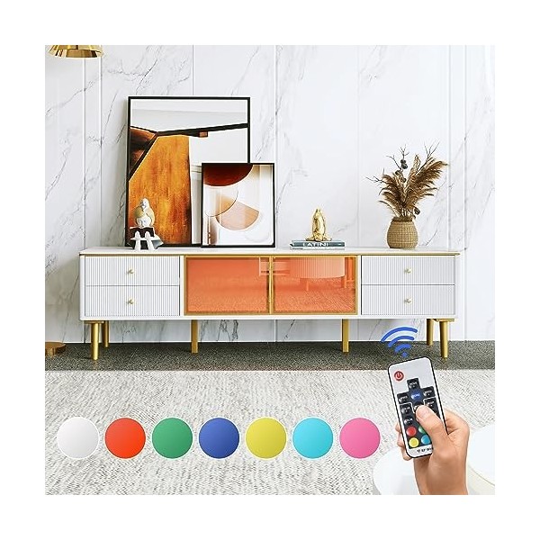 kubeier Meuble TV, Meuble TV Style Contemporain, Meuble TV Effet Marbre, 4 Tiroirs Texturés avec Poignées Dorées et Deux Port