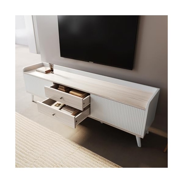 nycsuoani Meuble TV avec 2 tiroirs et 2 portes coulissantes - Texture exquise - Couleur bois blanc naturel - 58 x 160 x 40 cm