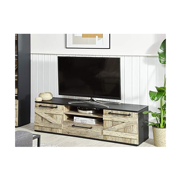 Meuble TV Noir et Bois Clair avec 2 Portes et Tiroir Spacieux Solution Rangement Idéale pour Salon ou Chambre au Style Rustiq