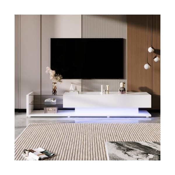 SogesHome Meuble TV bas avec cloisons en verre et éclairage LED variable combinant style maison de campagne naturelle et desi