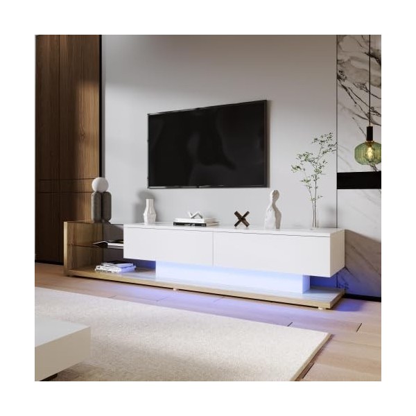 SogesHome Meuble TV bas avec cloisons en verre et éclairage LED variable combinant style maison de campagne naturelle et desi