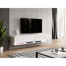 Furnix - Alyx - Meuble TV bas - 200 x 34 x 32&nbsp;cm l x H x P - Avec éclairage LED - 4 compartiments avec porte «&nbsp;Push-Click&nbsp;»