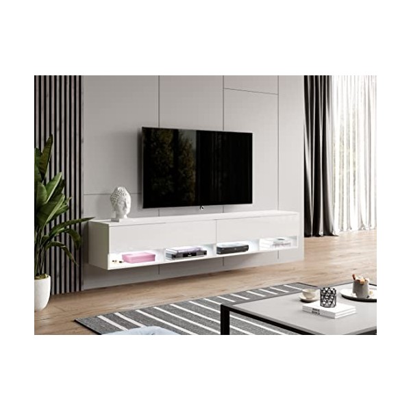 Furnix - Alyx - Meuble TV bas - 200 x 34 x 32&nbsp;cm l x H x P - Avec éclairage LED - 4 compartiments avec porte «&nbsp;Push-Click&nbsp;»