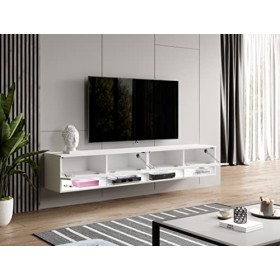 Furnix - Alyx - Meuble TV bas - 200 x 34 x 32&nbsp;cm l x H x P - Avec éclairage LED - 4 compartiments avec porte «&nbsp;Push-Click&nbsp;»