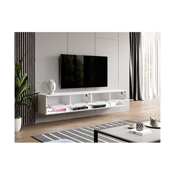 Furnix - Alyx - Meuble TV bas - 200 x 34 x 32&nbsp;cm l x H x P - Avec éclairage LED - 4 compartiments avec porte «&nbsp;Push-Click&nbsp;»