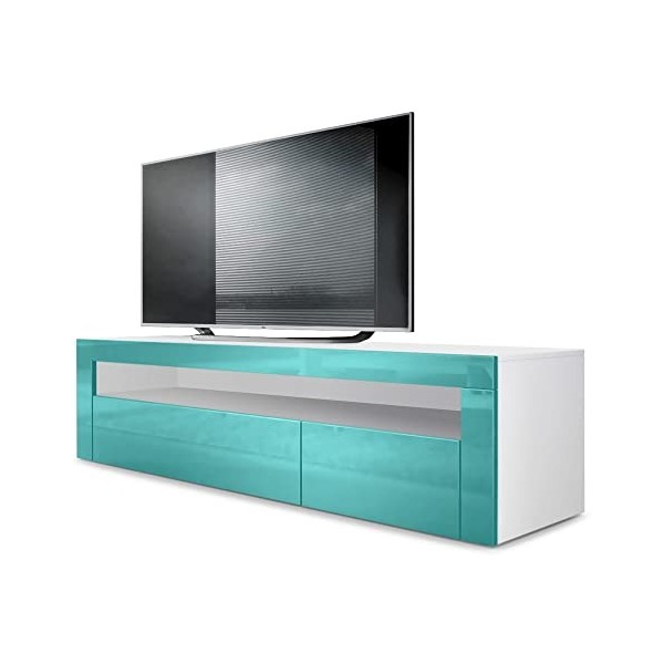 Vladon Buffet Bas Valencia, Meuble TV avec 1 Compartiment Ouvert et 2 clapets, Blanc Mat/Turquoise Haute Brillance/Turquoise 