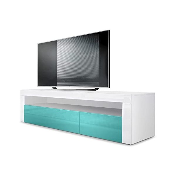 Vladon Buffet Bas Valencia, Meuble TV avec 1 Compartiment Ouvert et 2 clapets, Blanc Mat/Turquoise Haute Brillance/Turquoise 