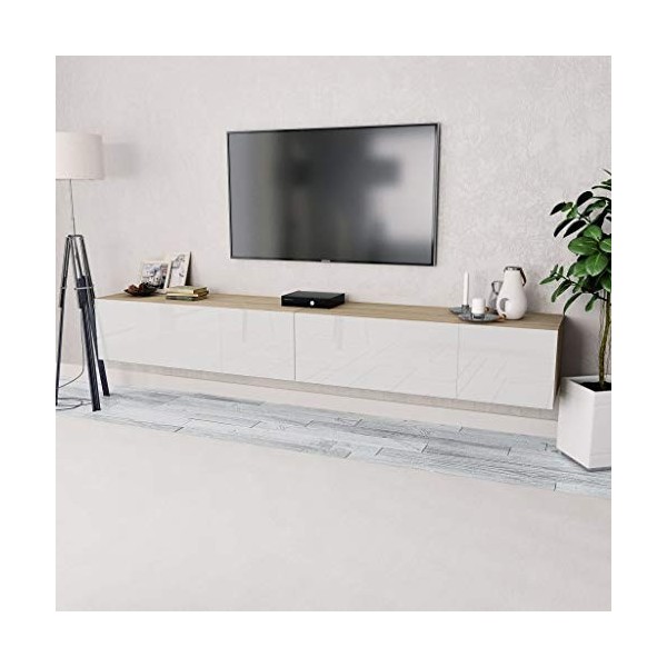 Festnight 2 pcs Meuble TV Banc TV en Aggloméré avec Rangement 120 x 40 x 34 cm Chêne et Blanc Brillant
