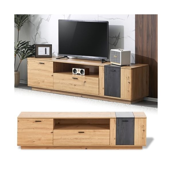 Froadp Meuble TV 180 x 40 x 47 cm - Pour TV jusquà 80" - Avec 2 portes spacieuses, 1 tiroir et 1 espace de rangement ouvert,