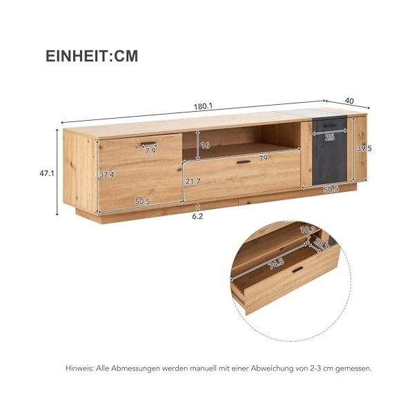 Froadp Meuble TV 180 x 40 x 47 cm - Pour TV jusquà 80" - Avec 2 portes spacieuses, 1 tiroir et 1 espace de rangement ouvert,