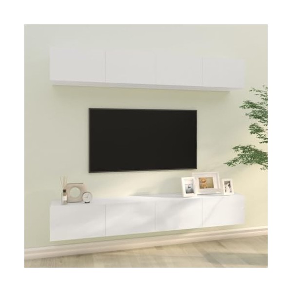 Meubles TV muraux 4 pcs Blanc Brillant 100x30x30 cm - Meuble TV de Salon Banc Télé Industriel, Support Rangement Console Jeux