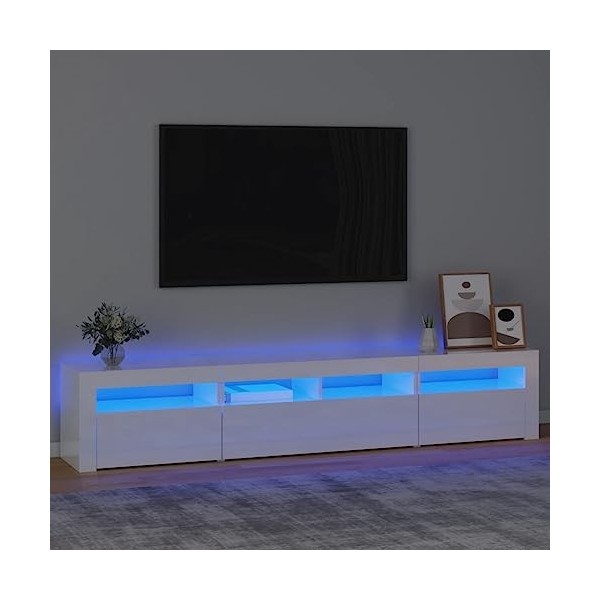 Meuble TV, Banc TV Support de Télévision Table TV Bas Armoire Basse Meuble TV avec lumières LED Blanc Brillant 210x35x40 cm