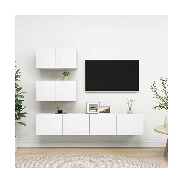BaraSh Ensemble de Meuble TV 4 pcs Blanc Aggloméré,Table TV,Ensemble Meuble TV,Meuble TV
