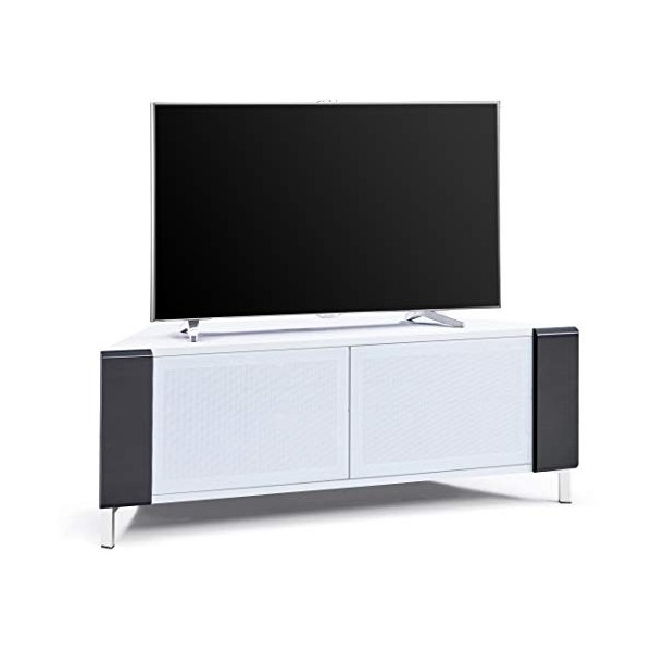 MDA Designs Cabinet Contemporain Blanc Brillant avec Angles Noirs Corvus dangle avec profilés Noirs Portes en Verre BeamThru