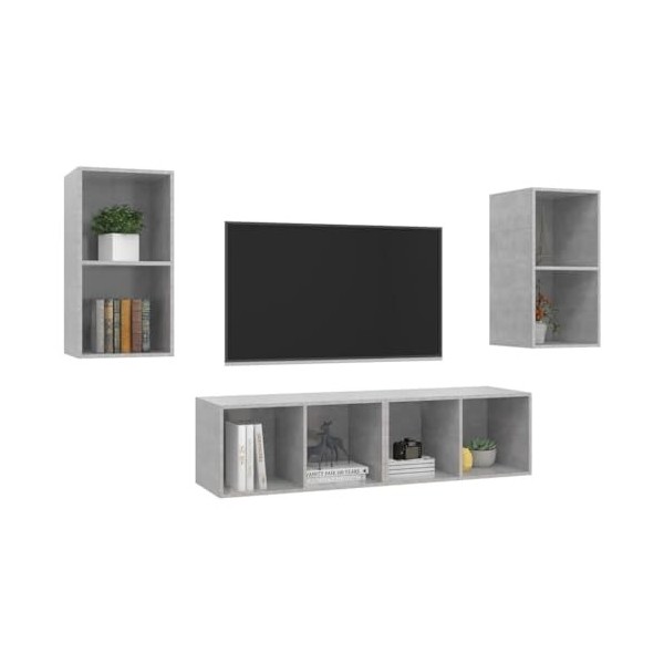 Finlon Lot de 4 meubles TV muraux – Meuble TV et étagère élégants en aggloméré gris béton pour une vie moderne – Design conte