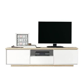PEGANE Meuble TV Coloris Blanc/Chêne Cambrian - Longueur 183 x Profondeur 35 x Hauteur 46 cm